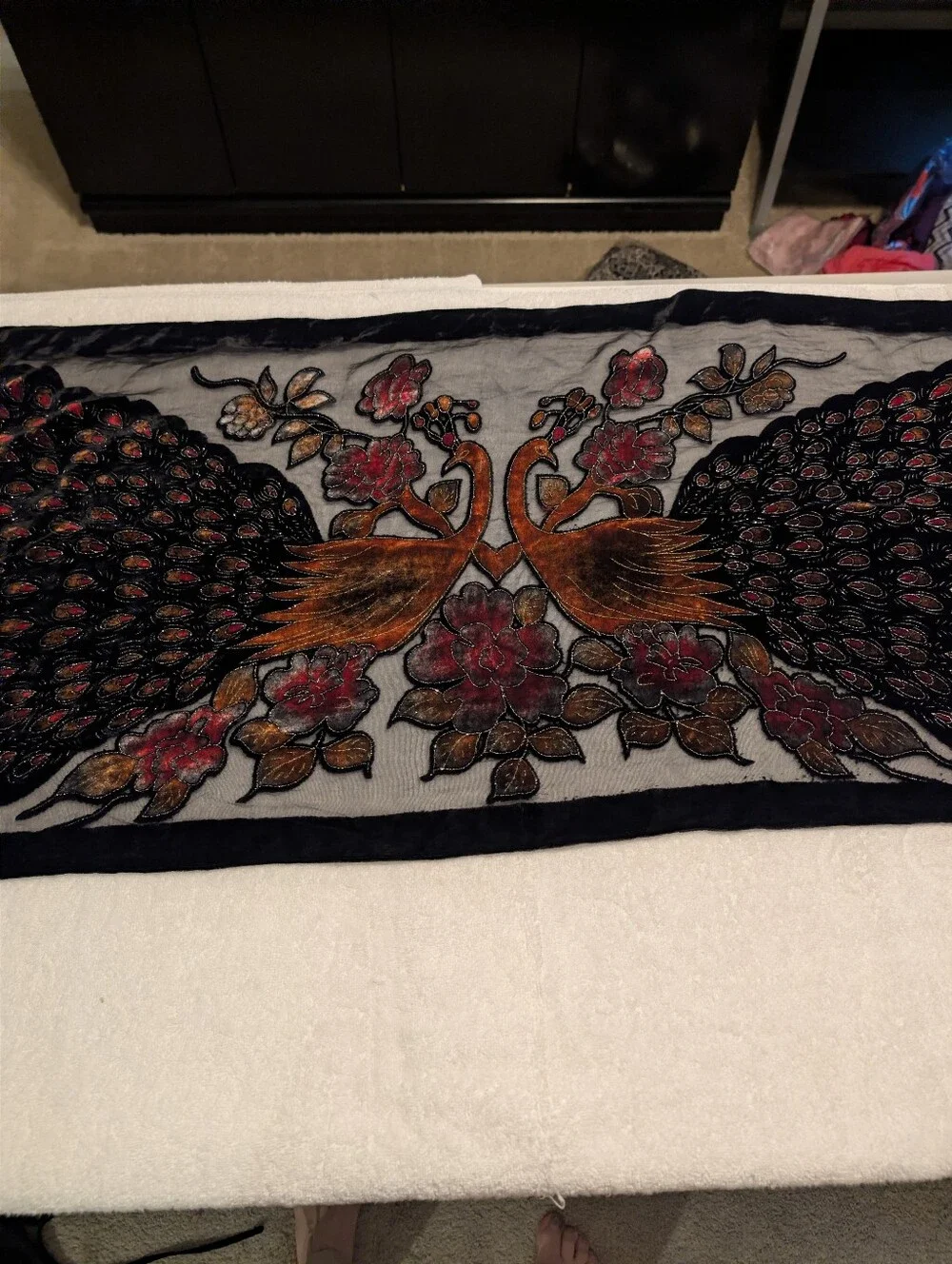 Black Shawl with Rich Copper and Crimson Velvet Peacock Applique and Fringe